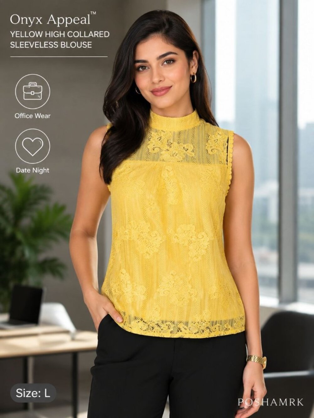 Onyx Appeal Yellow High Collared Sleeveless Blouse Size L Office Wear Date Night